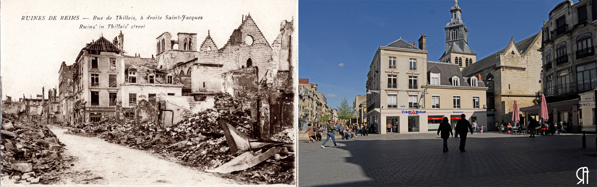 La rue de Thillois et l’église Saint-Jacques après les bombardements