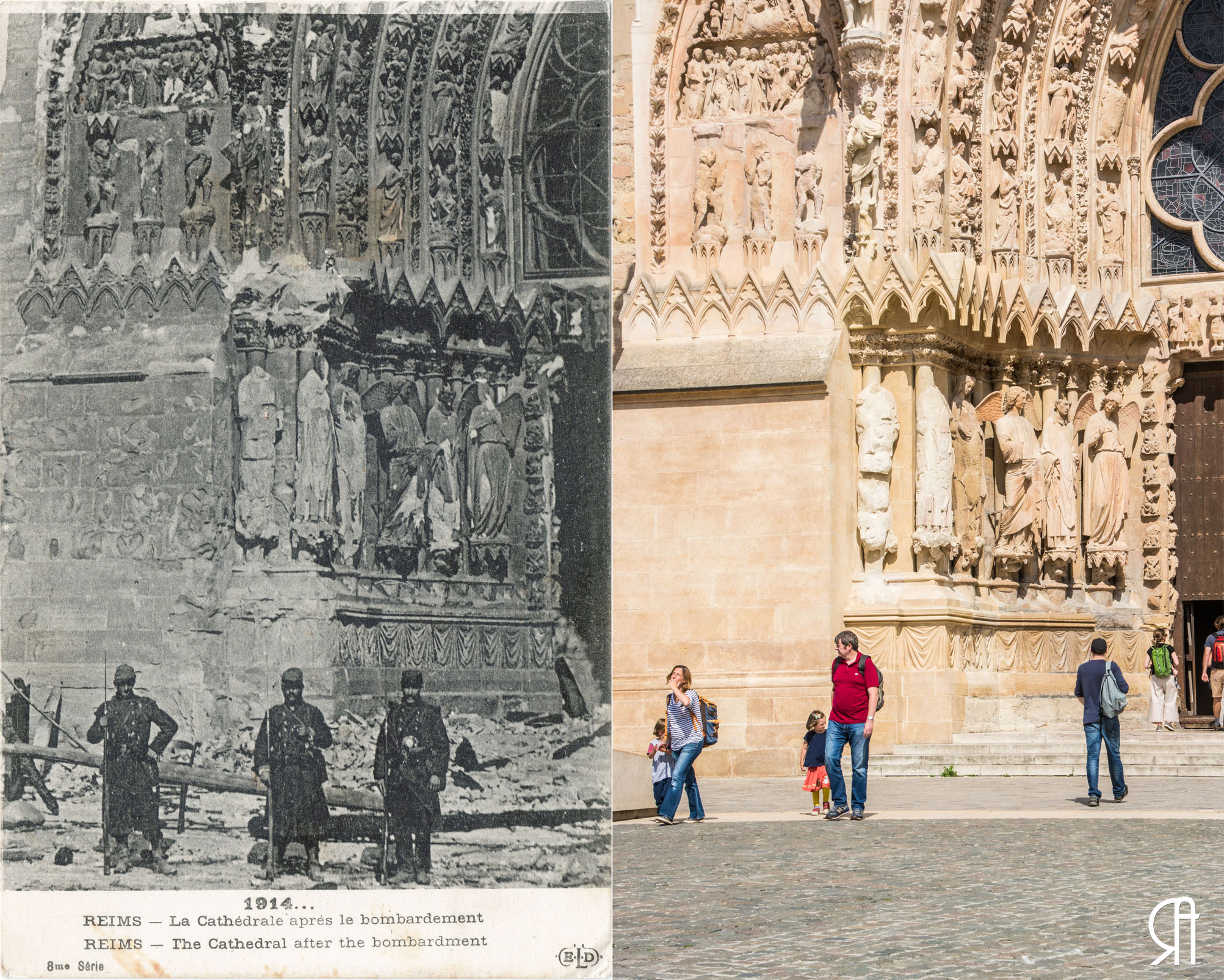 Le Portail Nord de la Cathédrale après l’incendie de 1914