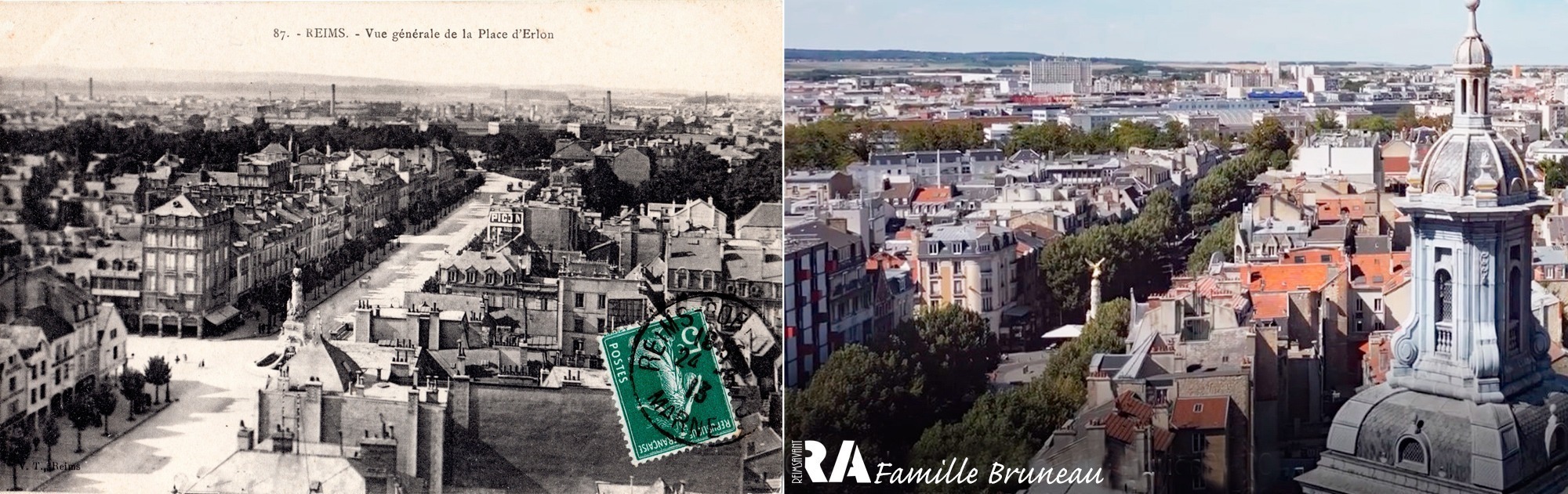 La place d’Erlon 1/ avant la Grande Guerre vue du clocher de Saint-Jacques, 2/ vue, en 2022 d’un drone